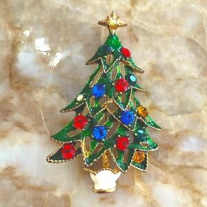 Vintage Green and Red Christmas Tree Brooch